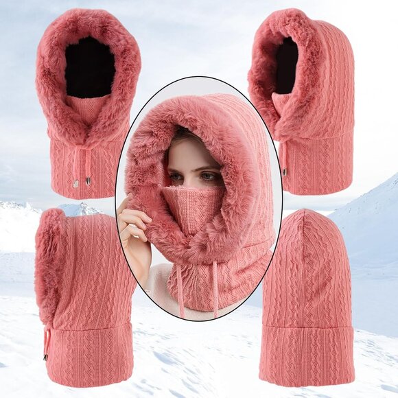 Women Pink Polyester Warm Thick Fluff Beanie Adult Neck Face Winter Balaclava - Picture 3 of 7
